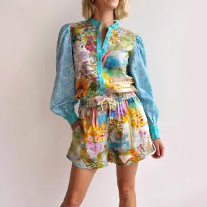 Womens Linen Shirt and Shorts Set  Relaxed Fit  Button-Up  Drawstring Waist  Floral Pattern