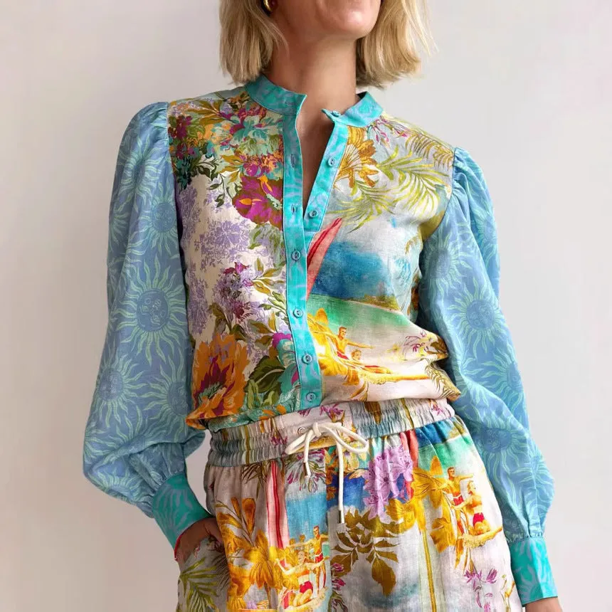 Womens Linen Shirt and Shorts Set  Relaxed Fit  Button-Up  Drawstring Waist  Floral Pattern