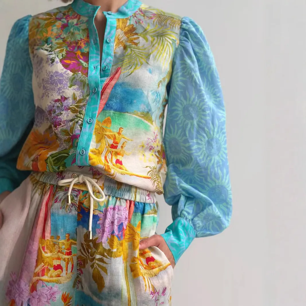 Womens Linen Shirt and Shorts Set  Relaxed Fit  Button-Up  Drawstring Waist  Floral Pattern