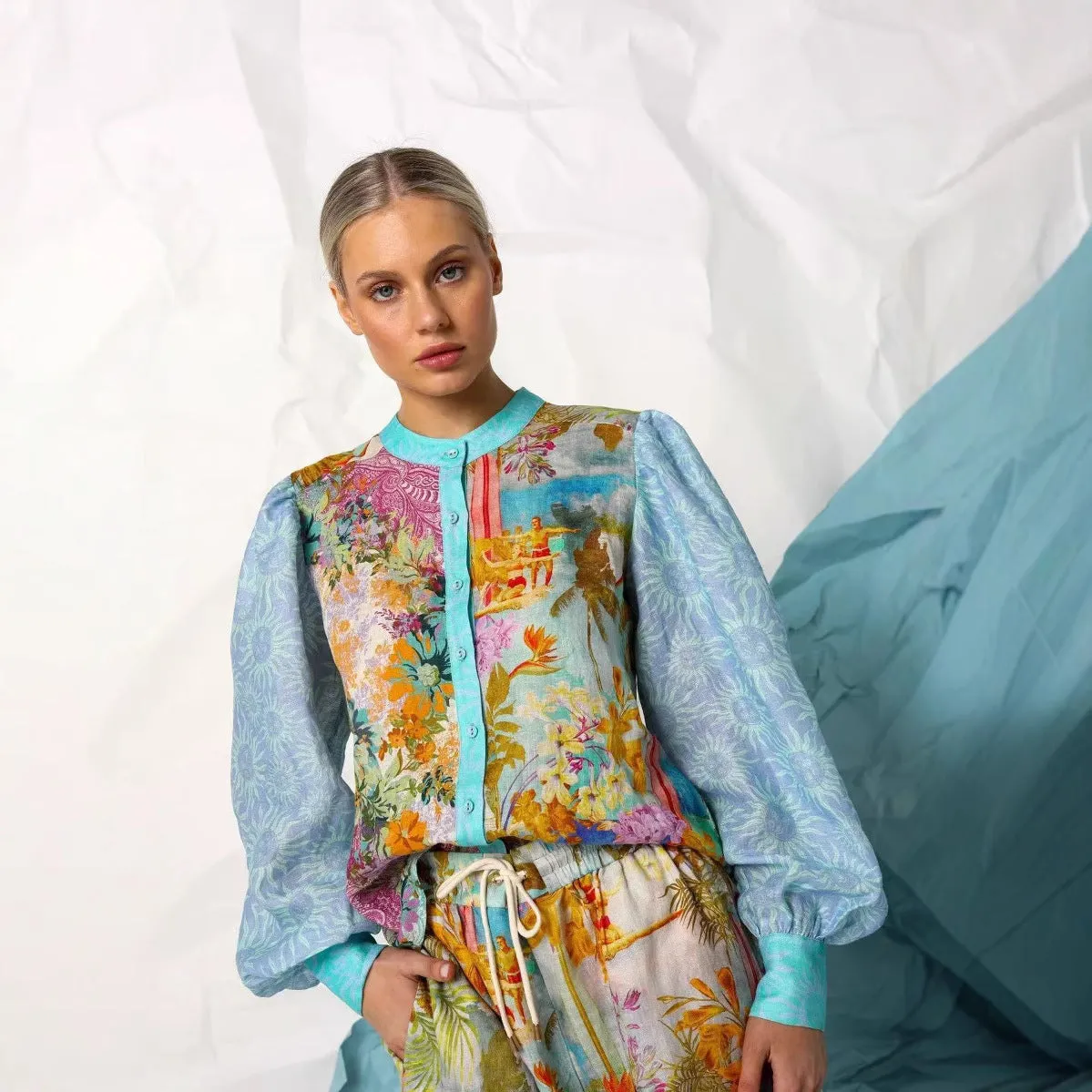 Womens Linen Shirt and Shorts Set  Relaxed Fit  Button-Up  Drawstring Waist  Floral Pattern