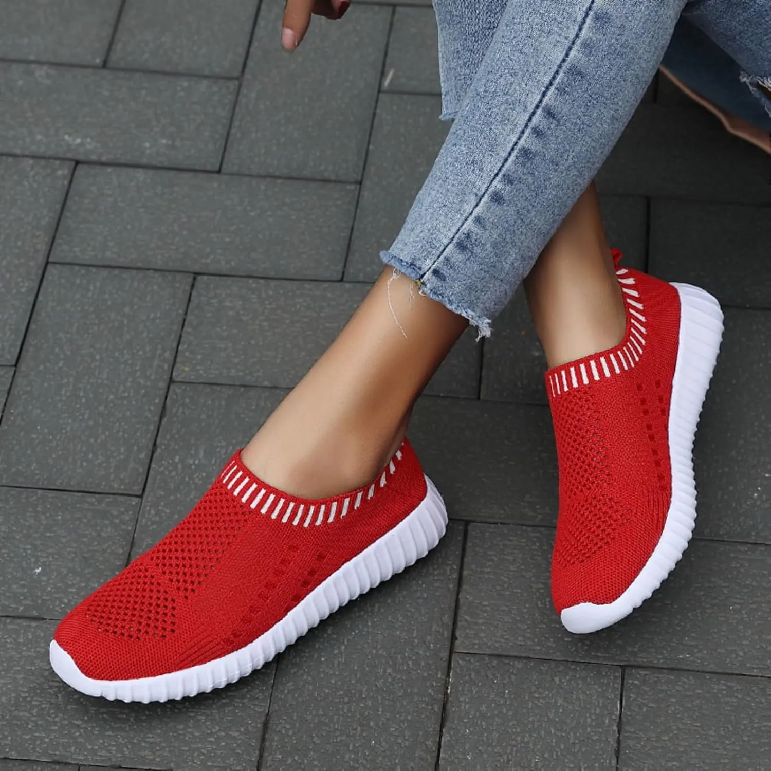 Women's Mesh Flats Shoes Knit Slip on Comfortable Sneaker Breathable Slip on Walking Tennis Shoes Casual Fashion Athletic Sneakers