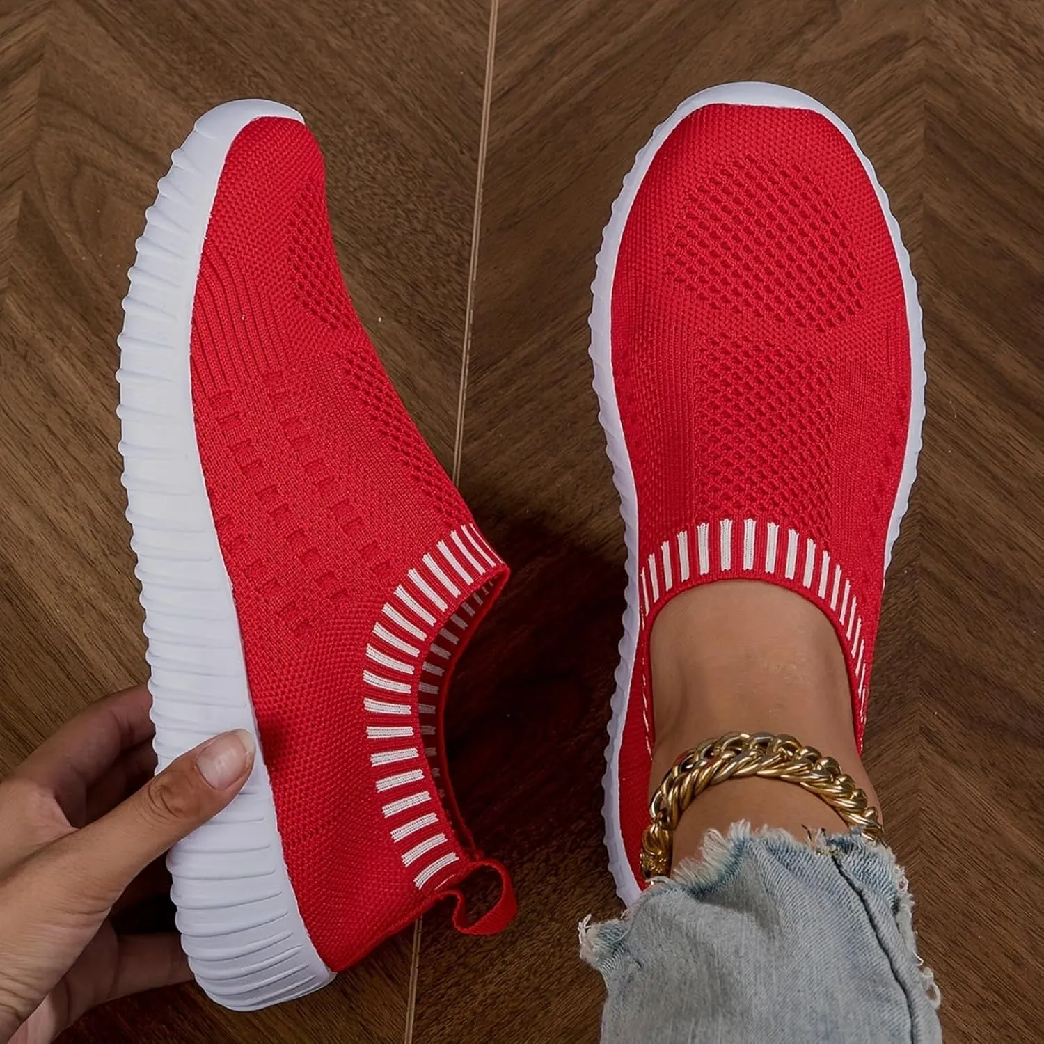Women's Mesh Flats Shoes Knit Slip on Comfortable Sneaker Breathable Slip on Walking Tennis Shoes Casual Fashion Athletic Sneakers