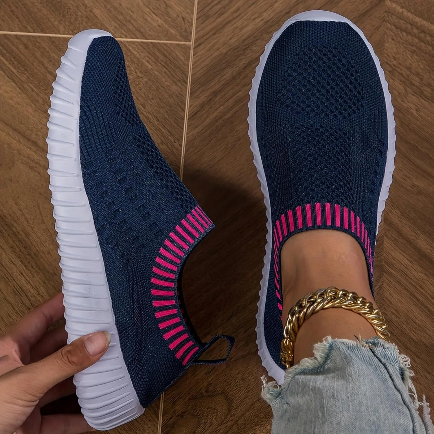 Women's Mesh Flats Shoes Knit Slip on Comfortable Sneaker Breathable Slip on Walking Tennis Shoes Casual Fashion Athletic Sneakers