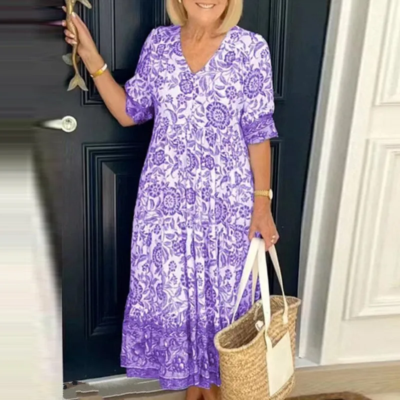 Women's Midi Dress - V-Neck - Three-Quarter Sleeve - Loose Fit Floral Pattern