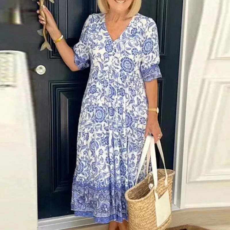 Women's Midi Dress - V-Neck - Three-Quarter Sleeve - Loose Fit Floral Pattern