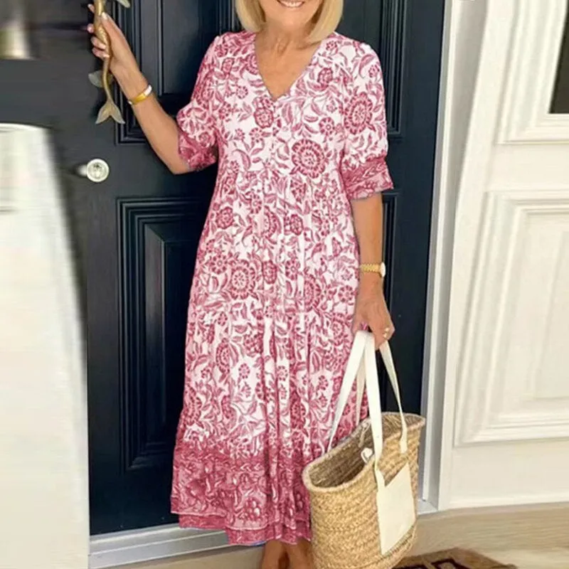 Women's Midi Dress - V-Neck - Three-Quarter Sleeve - Loose Fit Floral Pattern