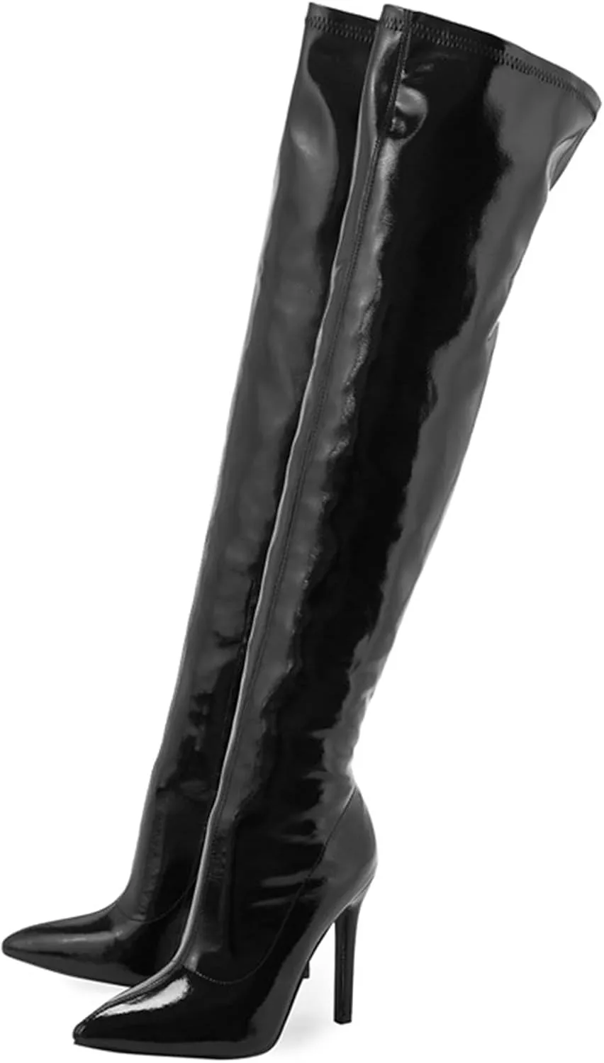 Women's Over The Knee Stretch Thigh High Boots Chunky High Heels Pointed Toe Long Fall Boots Knee High Cowboy Mid Calf