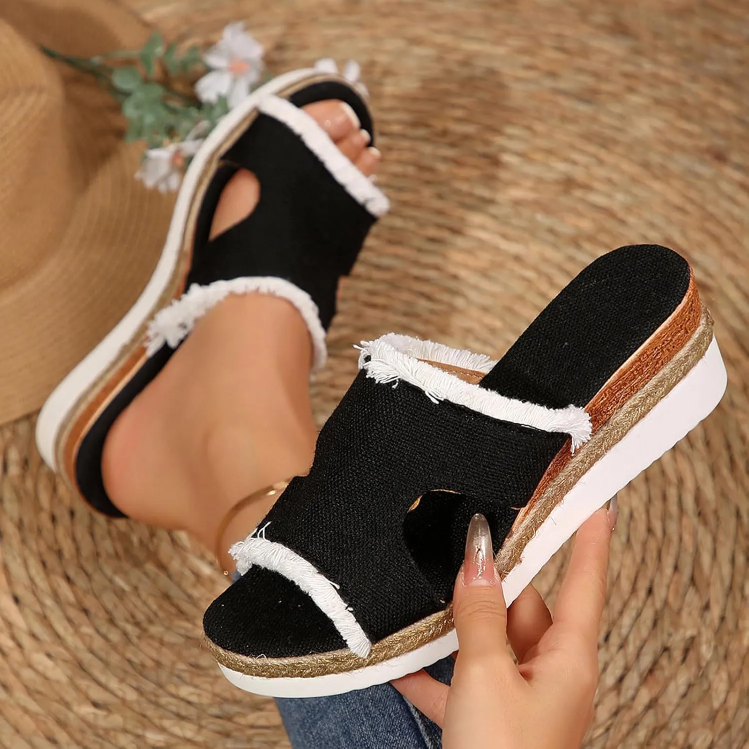 Women's Slide Sandals,2025 Woven Platform Slide Dressy Summer Open Toe Slip on Slippers Outdoor Beach Vacation Shoes