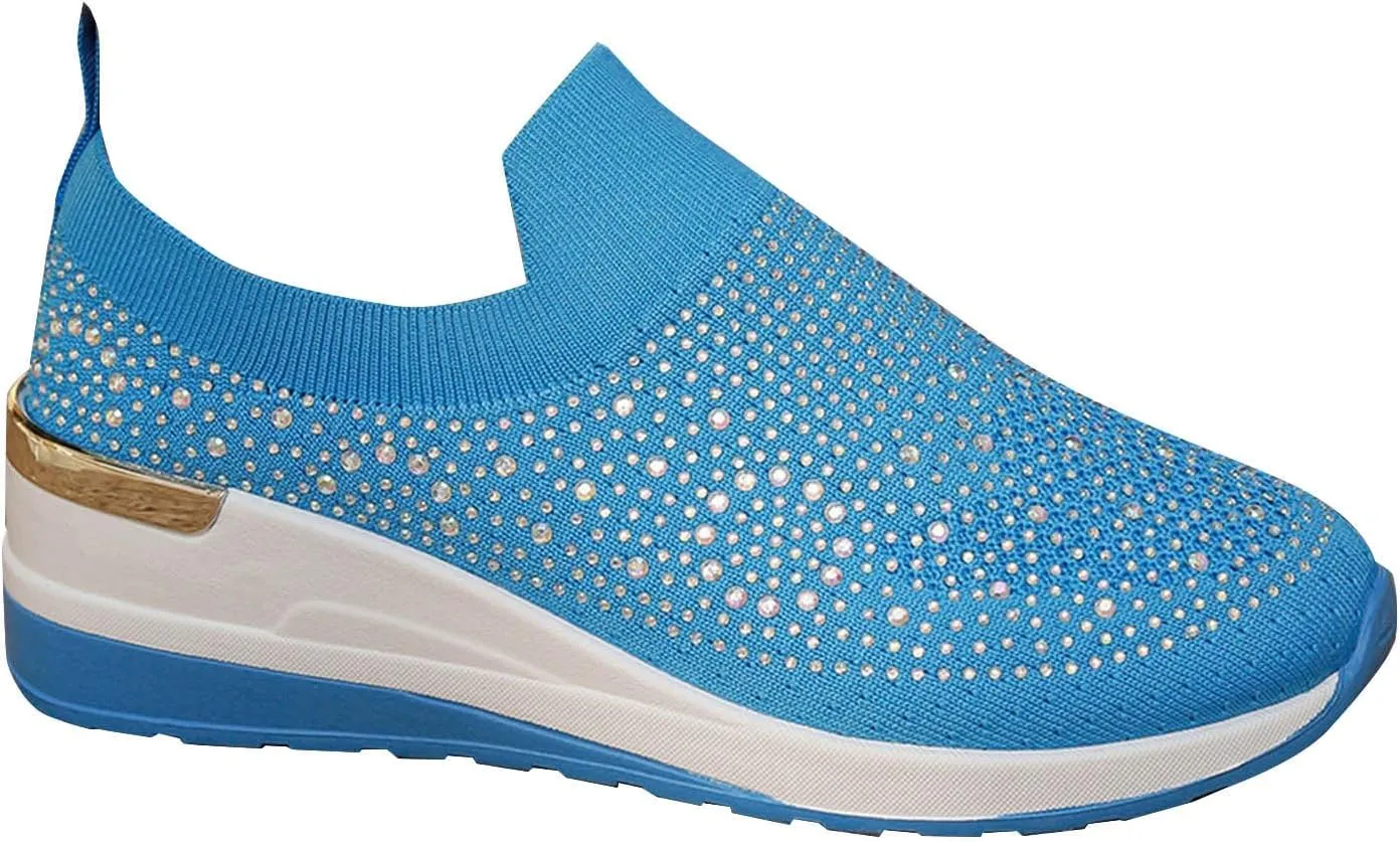 Women's Slip on Loafer Shoes Rhinestone Mesh Casual Flat Nurse Walking Sneaker Knit Comfort Classic Low Wedge Shoes