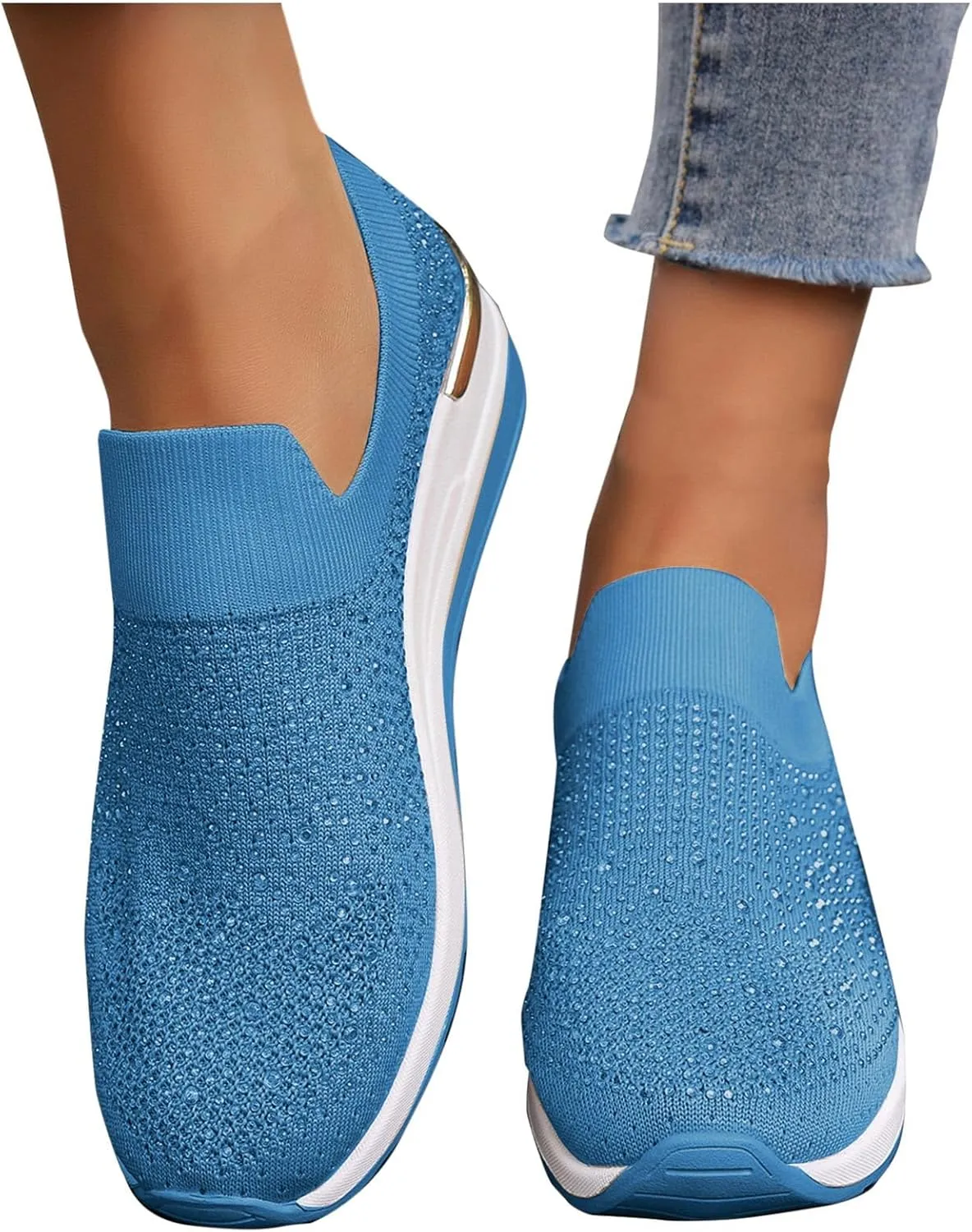 Women's Slip on Loafer Shoes Rhinestone Mesh Casual Flat Nurse Walking Sneaker Knit Comfort Classic Low Wedge Shoes
