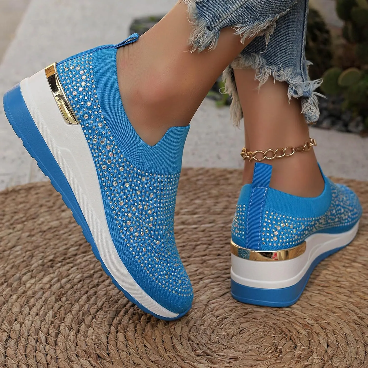 Women's Slip on Loafer Shoes Rhinestone Mesh Casual Flat Nurse Walking Sneaker Knit Comfort Classic Low Wedge Shoes