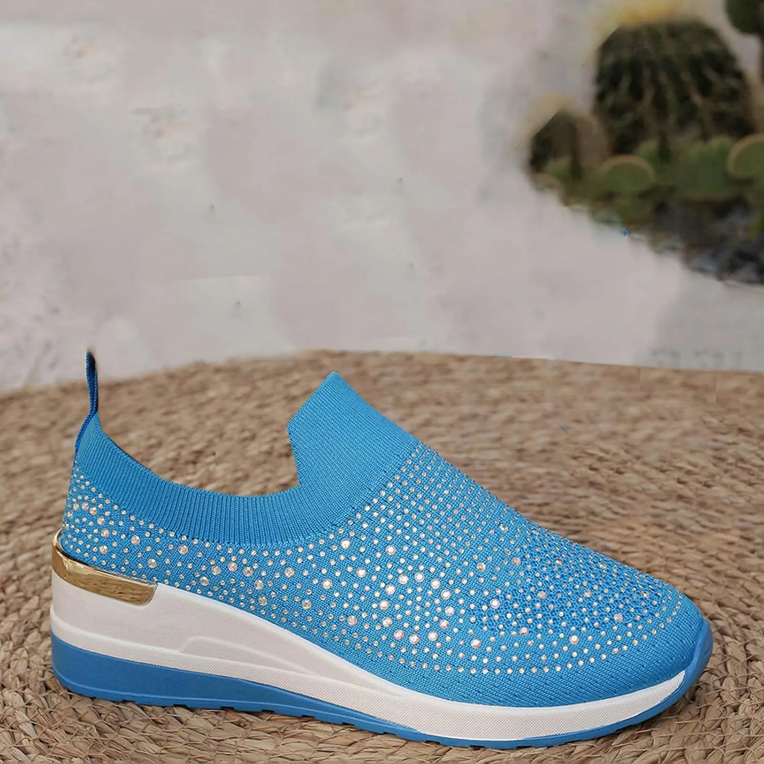 Women's Slip on Loafer Shoes Rhinestone Mesh Casual Flat Nurse Walking Sneaker Knit Comfort Classic Low Wedge Shoes