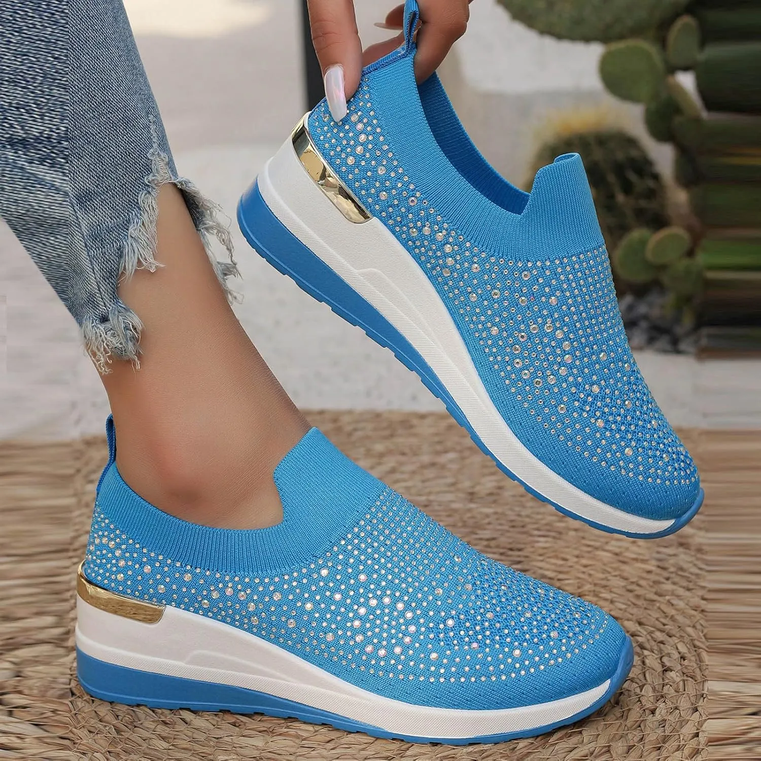 Women's Slip on Loafer Shoes Rhinestone Mesh Casual Flat Nurse Walking Sneaker Knit Comfort Classic Low Wedge Shoes