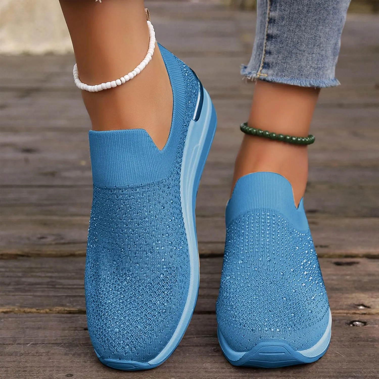 Women's Slip on Loafer Shoes Rhinestone Mesh Casual Flat Nurse Walking Sneaker Knit Comfort Classic Low Wedge Shoes