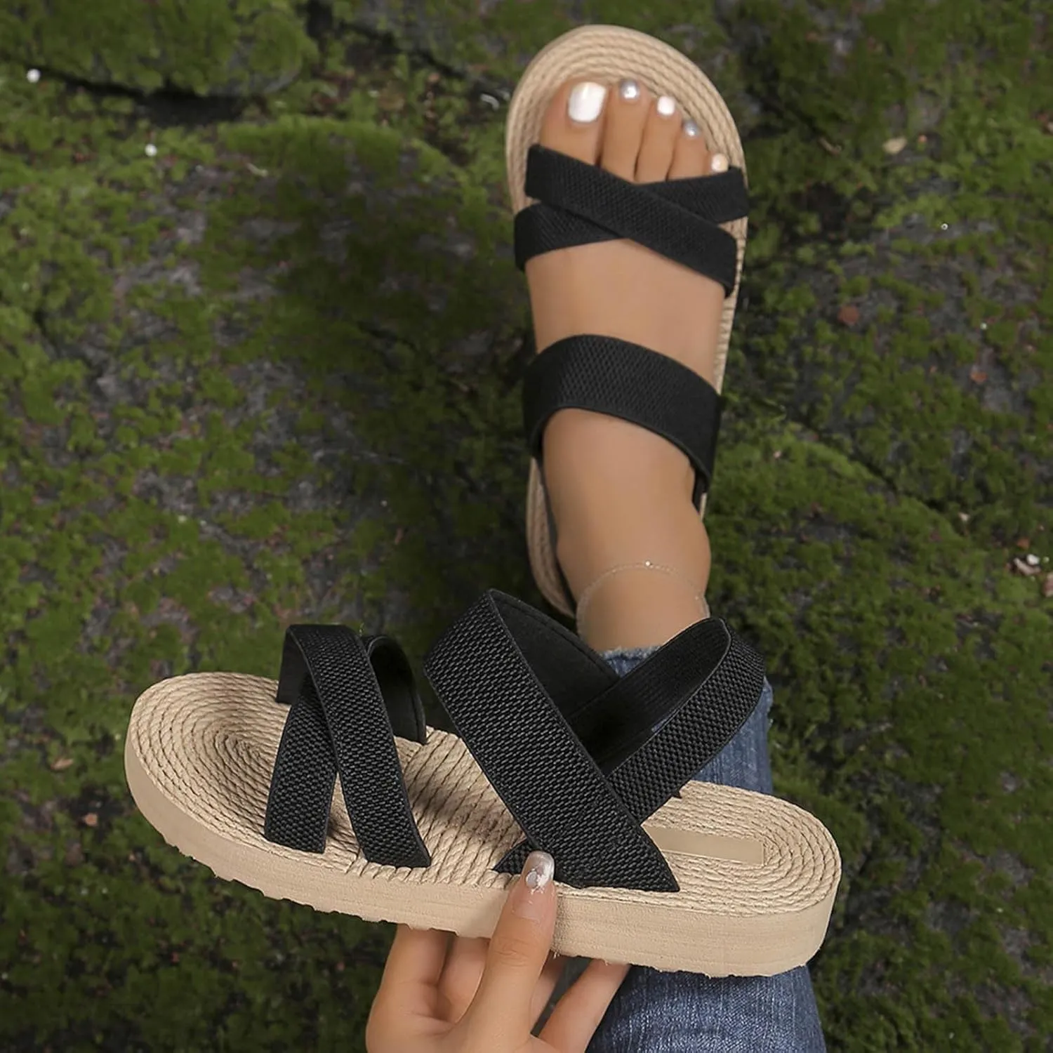 Women's Summer Slip-On Sandals Low Heel Comfortable Beach Casual Pure Color Open Toe Flat Shoes for Outfits with Shorts Jeans Skirts Dresses
