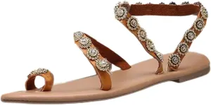 Women's Wedding Flat Sandals Fashion Rhinestones Pearl Lace Gladiator Sandals Bohemian Jewelry Toe Ring Dressy Sandals Summer Beach Boho Casual Slipper Shoes