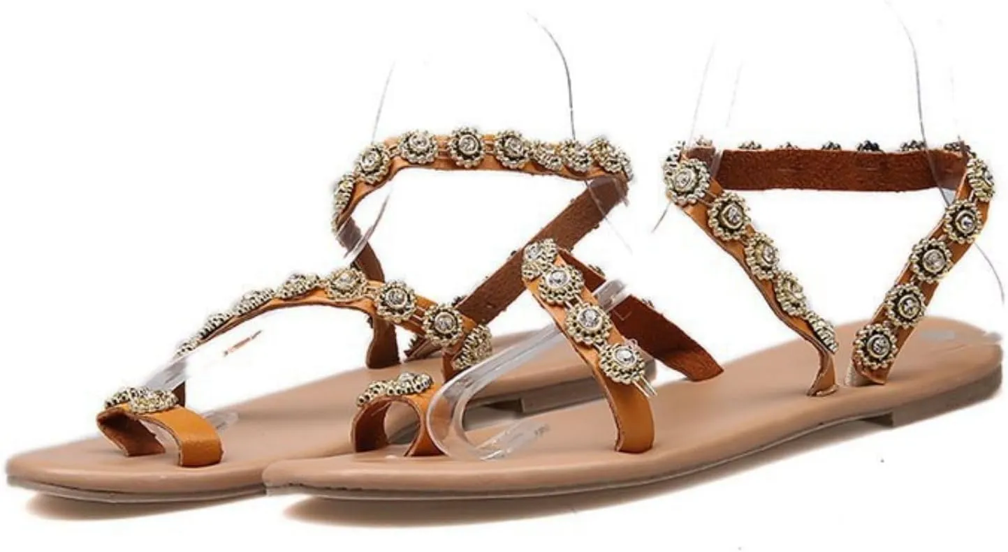 Women's Wedding Flat Sandals Fashion Rhinestones Pearl Lace Gladiator Sandals Bohemian Jewelry Toe Ring Dressy Sandals Summer Beach Boho Casual Slipper Shoes