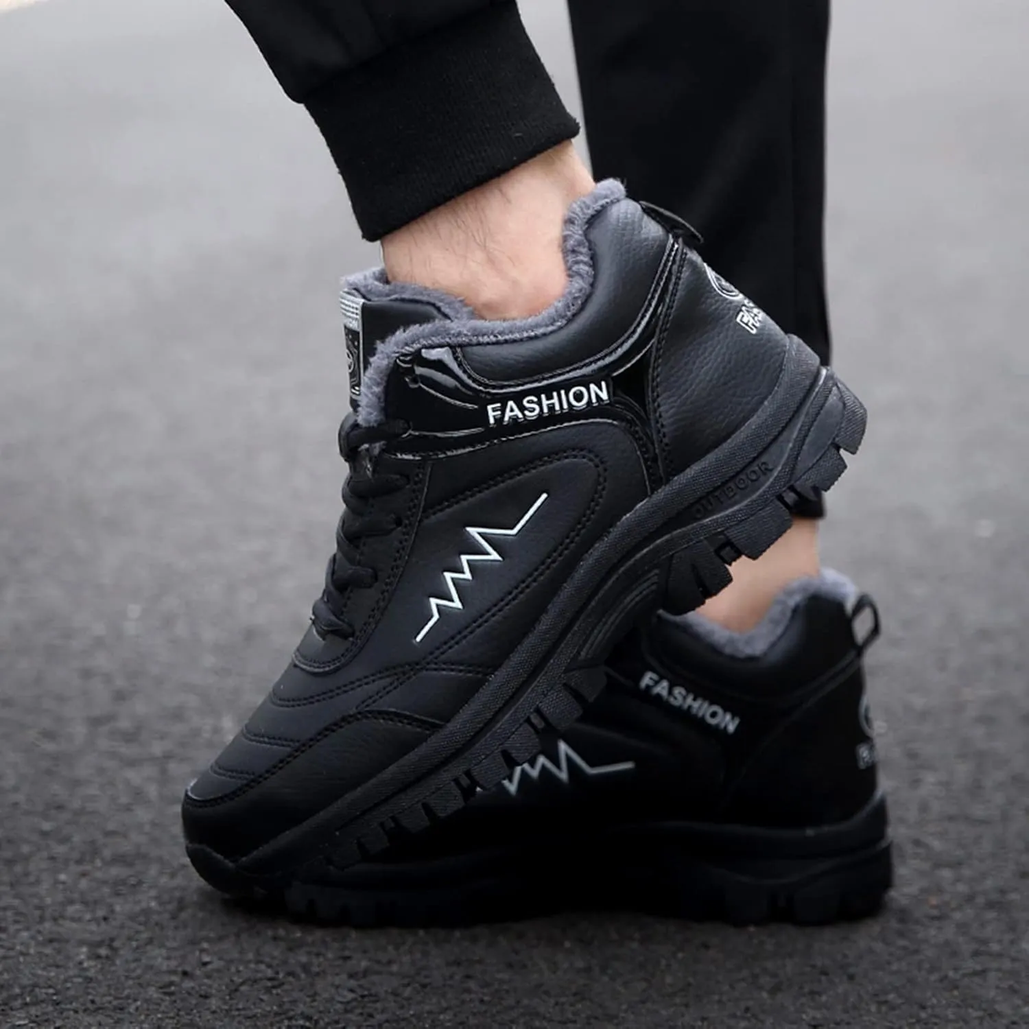 Work Boots for Men Waterproof Hiking Sneakers Warm Fur Lined Workout Shoes for Women Nonslip Lightweight Outdoor Botas Mid Ankle Work Casual Hike Grounded Footwear