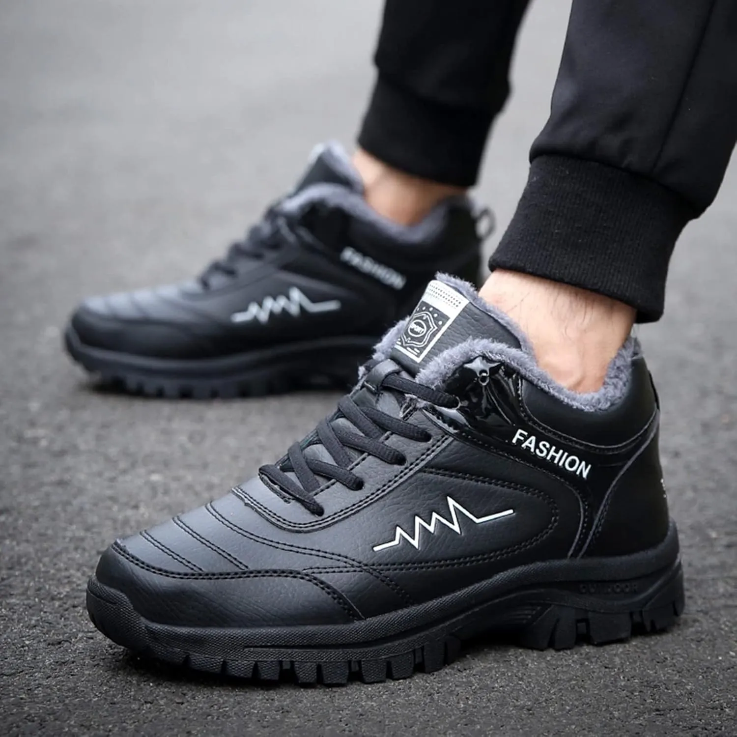 Work Boots for Men Waterproof Hiking Sneakers Warm Fur Lined Workout Shoes for Women Nonslip Lightweight Outdoor Botas Mid Ankle Work Casual Hike Grounded Footwear