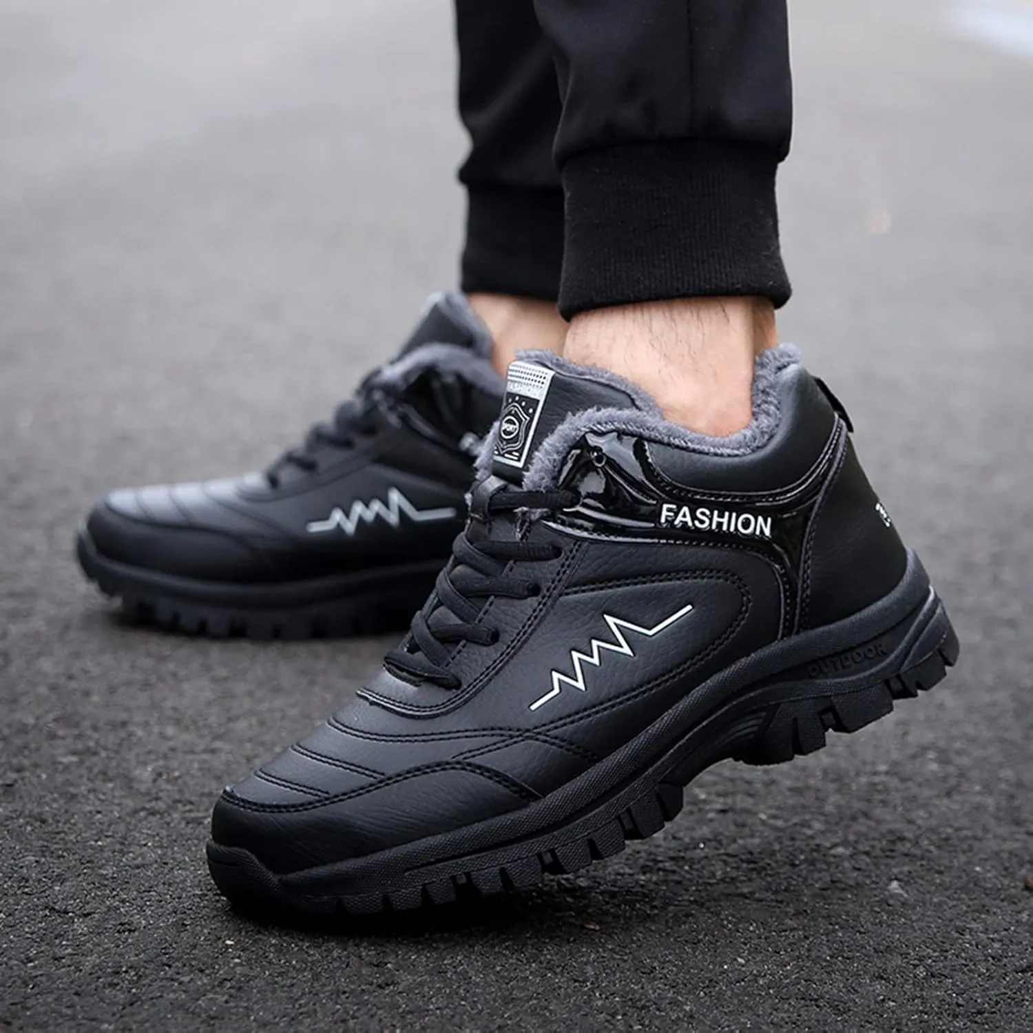 Work Boots for Men Waterproof Hiking Sneakers Warm Fur Lined Workout Shoes for Women Nonslip Lightweight Outdoor Botas Mid Ankle Work Casual Hike Grounded Footwear