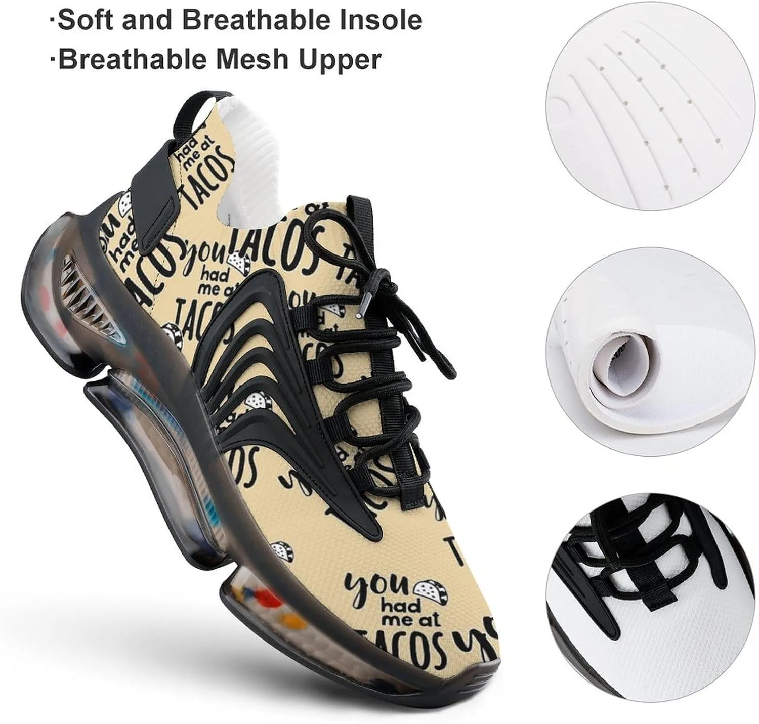 You Had Me at Tacos Walking Shoes for Men Lightweight Tennis Fashion Elastic Sports Shoes Cushion Basketball Shoes