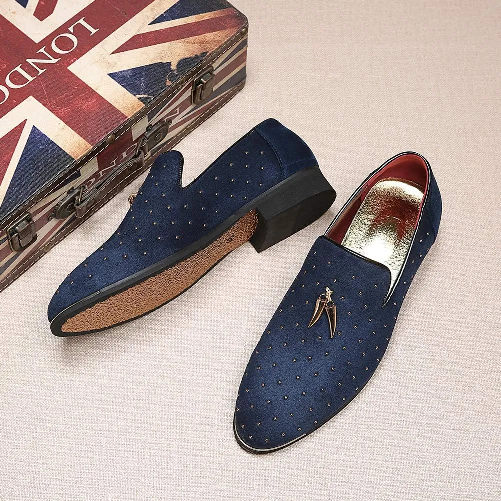 YYQL Men's Gold Rivet Noble Suede Loafers Shoes Pointed Toe Velvet Penny Loafers Party Dress Shoes Size 7-13