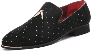 YYQL Men's Gold Rivet Noble Suede Loafers Shoes Pointed Toe Velvet Penny Loafers Party Dress Shoes Size 7-13