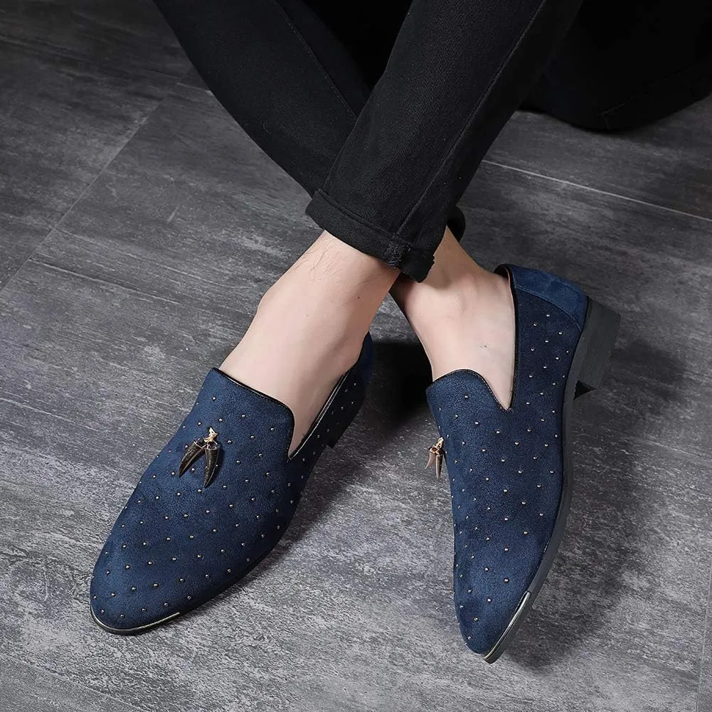 YYQL Men's Gold Rivet Noble Suede Loafers Shoes Pointed Toe Velvet Penny Loafers Party Dress Shoes Size 7-13