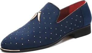 YYQL Men's Gold Rivet Noble Suede Loafers Shoes Pointed Toe Velvet Penny Loafers Party Dress Shoes Size 7-13