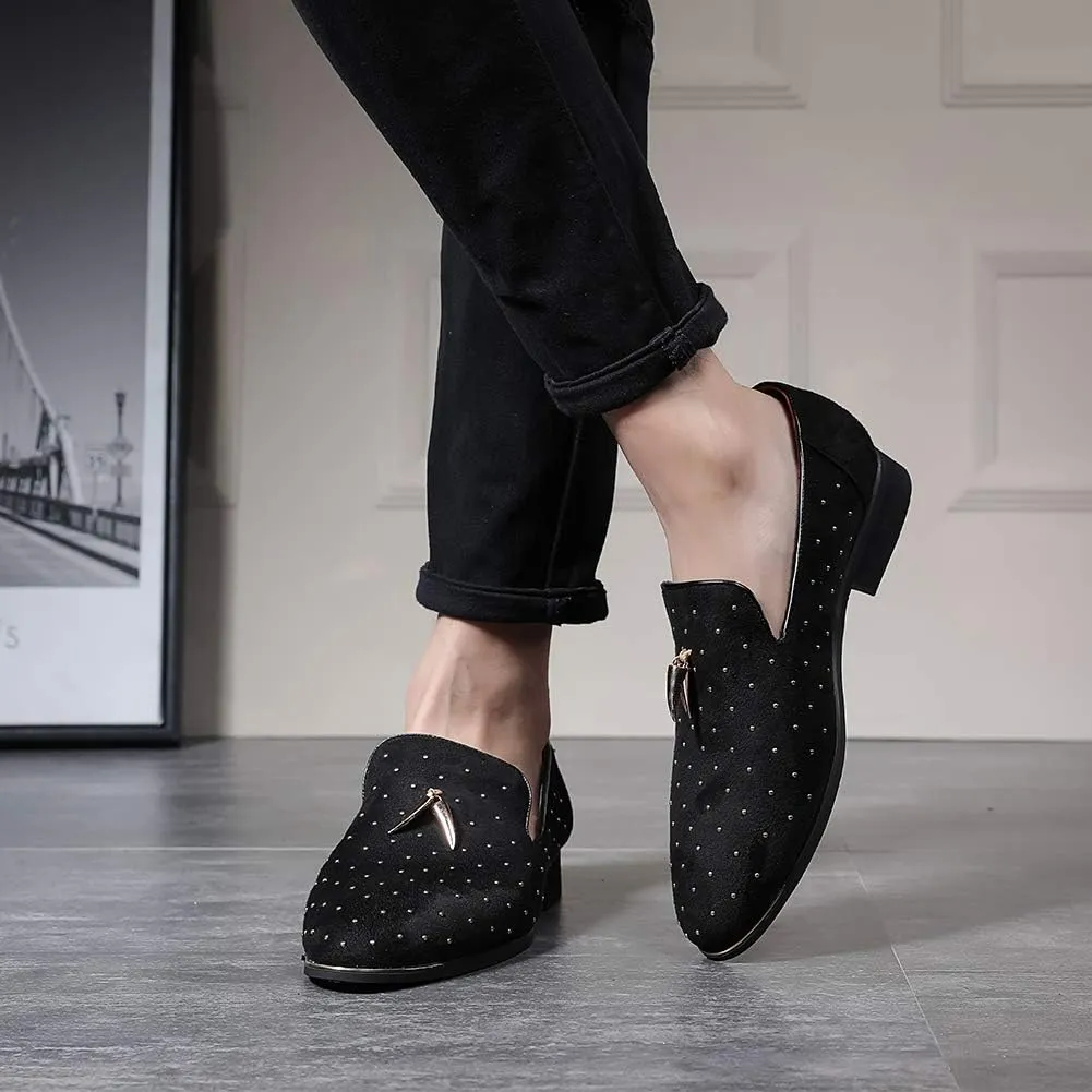 YYQL Men's Gold Rivet Noble Suede Loafers Shoes Pointed Toe Velvet Penny Loafers Party Dress Shoes Size 7-13