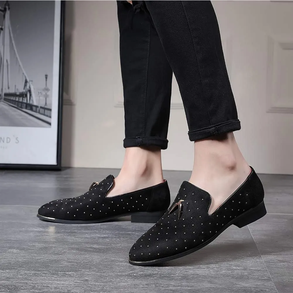 YYQL Men's Gold Rivet Noble Suede Loafers Shoes Pointed Toe Velvet Penny Loafers Party Dress Shoes Size 7-13