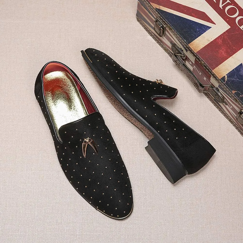 YYQL Men's Gold Rivet Noble Suede Loafers Shoes Pointed Toe Velvet Penny Loafers Party Dress Shoes Size 7-13