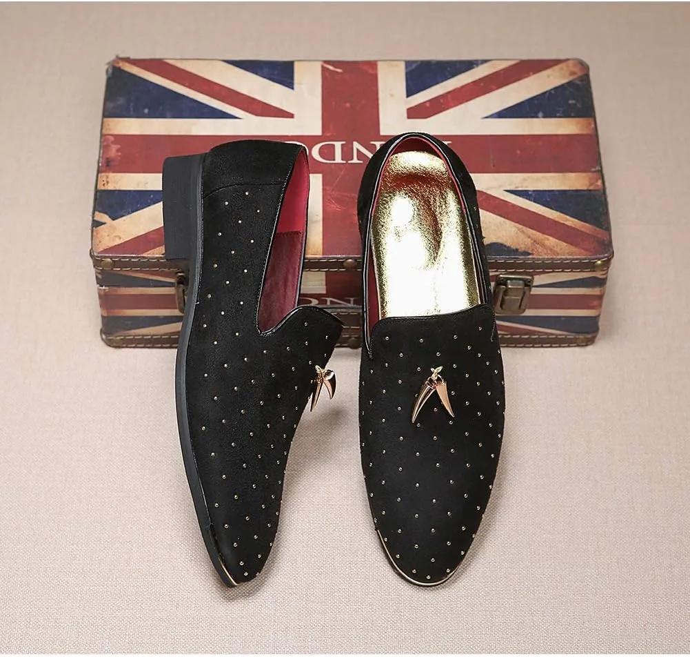 YYQL Men's Gold Rivet Noble Suede Loafers Shoes Pointed Toe Velvet Penny Loafers Party Dress Shoes Size 7-13