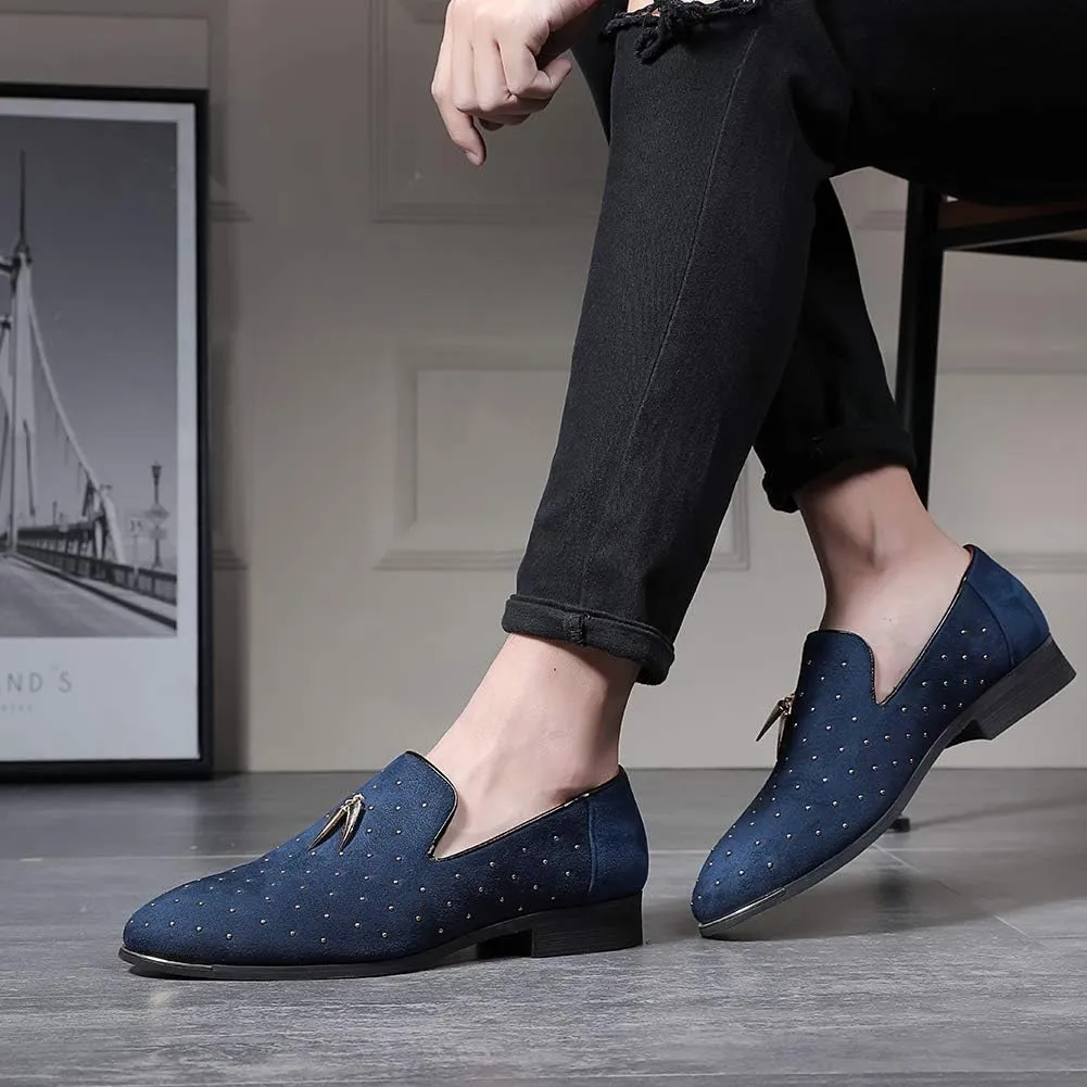YYQL Men's Gold Rivet Noble Suede Loafers Shoes Pointed Toe Velvet Penny Loafers Party Dress Shoes Size 7-13