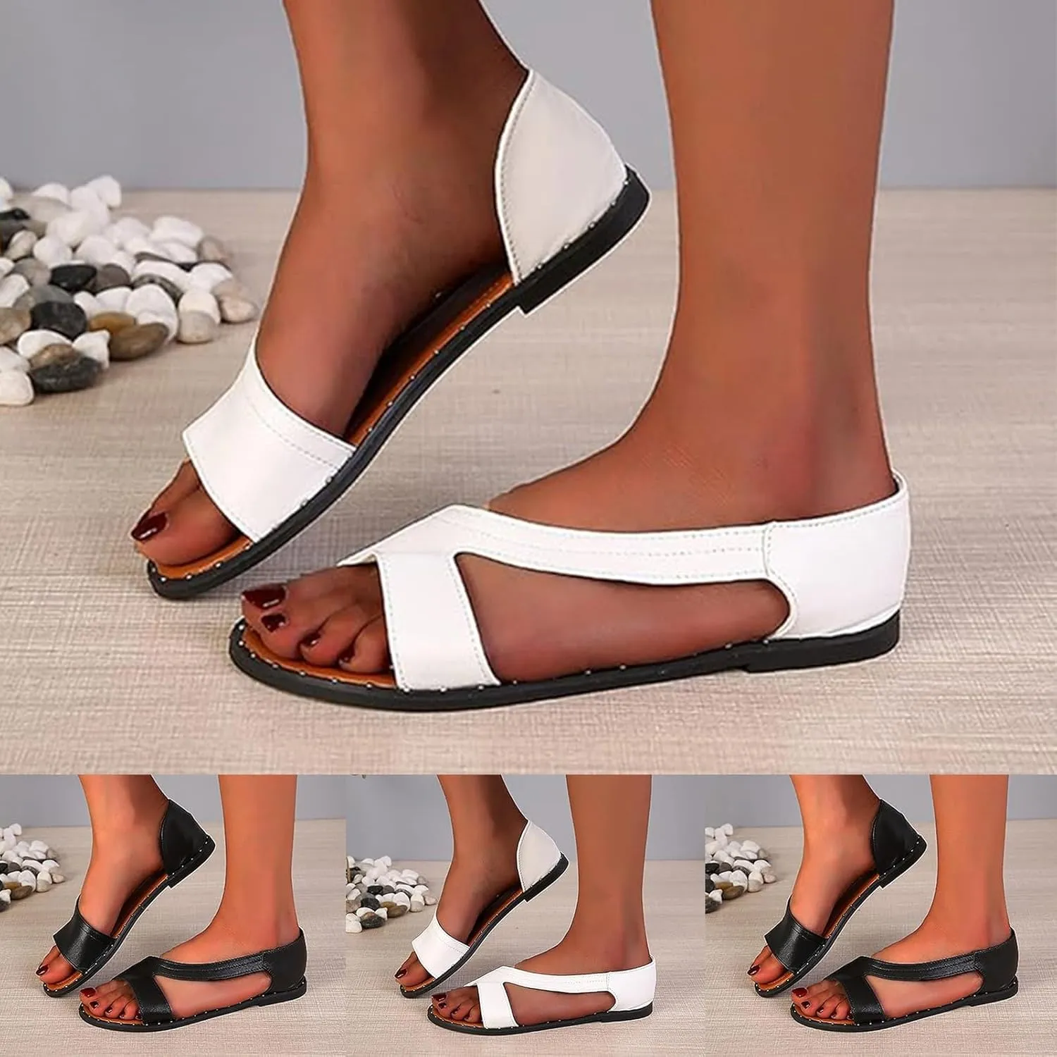 ZSpzx Women's Flat Sandals Womens Comfortable Flip Flops Slide Summer Beach Shoes Arch Support Dressy Fashion Slides Soft Leather Slippers Slip On Casual Outdoor Walking Wedding for Oceanside Holiday